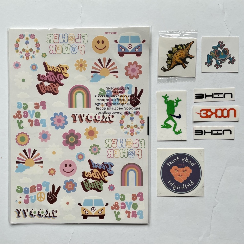 Temporary Tattoo Sheet Bundle - Retro, Groovy, Stegosaurus, Nike, Nike Frog, ACG